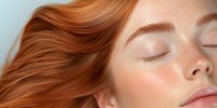 Close up portrait of young woman with ginger hair and freckles sleeping peacefully on white background, natural beauty skincare concept.