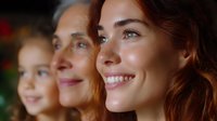 Three generations of women with radiant smiles looking up with hopeful expressions, representing family bonds, aging gracefully and feminine strength in warm lighting.