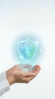 Caucasian hand holding glowing shield with leaf, water drop, and globe icons representing environmental protection and sustainability concepts for business and eco-friendly solutions.