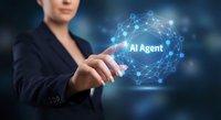 Professional businesswoman touching glowing AI Agent network interface with connected nodes representing artificial intelligence technology solutions.