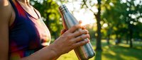 Woman holding metal water bottle outdoors in sunny park setting, staying hydrated during exercise or leisure activity in nature.