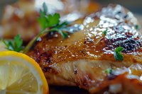 Grilled salmon fillet with caramelized glaze, fresh herbs and lemon slice garnish in macro shot showing juicy texture and golden-brown crust.