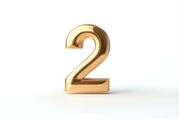 Golden metallic number two on white background, isolated glossy digit with reflection for anniversary, ranking or mathematical design elements.