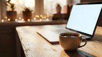 Cozy home office workspace with laptop, coffee cup and notebook on wooden desk with warm bokeh lighting creating productive morning atmosphere.