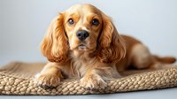 Adorable Cocker Spaniel puppy with golden fur lying on braided mat, looking at camera with expressive eyes and gentle expression, suitable for pet care marketing.