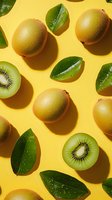 Fresh kiwi fruits whole, halved, and green leaves arranged on bright yellow background, creating vibrant food pattern for healthy eating concept.