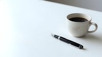 Minimalist workspace with black fountain pen and white coffee cup on clean desk surface for business writing and productivity concepts.