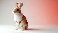 Adorable brown and white rabbit sitting upright on clean surface with soft pink gradient background for Easter celebrations and spring themes.