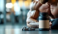 Black supplement container with scattered capsules on dark surface, shallow depth of field, moody lighting creates dramatic atmosphere for health and wellness content.