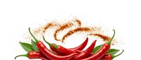 Red hot chili peppers with ground spice powder swirl and green leaves, isolated on white background for food and culinary design.