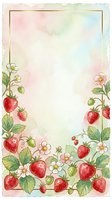 Watercolor strawberry frame with white flowers, green leaves, and ripe berries on soft pastel background. Isolated design element ready for invitations, greeting cards, and decorative projects.