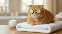 Orange tabby cat with cucumber slices on eyes relaxing on white towels with candle in spa setting for wellness and self-care concepts.