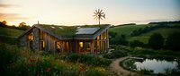 Sustainable eco-friendly house with solar panels and windmill at sunset in rural countryside with wildflower garden and pond for off-grid living concept.