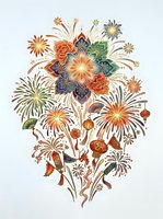Ornamental floral composition with hand-drawn fireworks, decorative flowers, and botanical elements in warm autumn tones on white background, suitable for textile and graphic design.