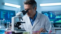 Middle-aged Caucasian male scientist in white lab coat examining samples through microscope in modern research laboratory with colorful chemical solutions.