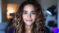 Young mixed-race woman with wavy brown hair smiling at camera in modern home office workspace for lifestyle and business content.