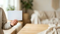 Cropped view of person in neutral cardigan holding blank white card in modern home interior with wooden table and blurred background for business messaging.