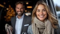 Cheerful Caucasian couple in winter clothing sitting in car, woman with blonde hair wearing knit scarf in foreground, bearded man in suit smiling in background, bokeh lights.