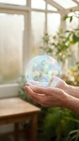 Hands gently holding iridescent soap bubble in bright sunroom with plants. Concept of fragility, dreams, hope, mindfulness and environmental care.