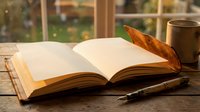 Open book with autumn leaf bookmark on wooden table near window with warm sunlight, cozy reading atmosphere for relaxation and learning.