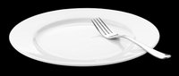 Empty white plate with silver fork on transparent background, ready for dining design, restaurant graphics, menu layouts, food service materials, culinary illustrations, and tableware clipart.