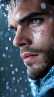 Close-up profile portrait of young Caucasian man with blue eyes and stubble in rain, water drops on skin, dramatic lighting and moody atmosphere.