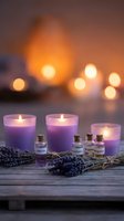 Purple candles with essential oil bottles and lavender sprigs create relaxing spa atmosphere with warm bokeh lights for wellness and aromatherapy concepts.