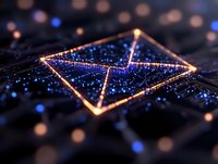 Glowing digital envelope symbol with golden light trails on dark background with blue bokeh particles, representing electronic mail communication concept.