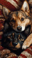 Close-up portrait of two adorable dogs with expressive eyes snuggling together on cozy knitted blanket, one black and tan, one brown and white, showing warmth and companionship.