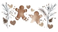 Festive gingerbread cookies with hearts, pine cones and winter botanical elements in warm brown watercolor style on white background, isolated design element.