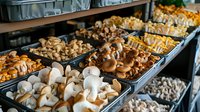 Fresh assorted edible mushrooms in plastic containers at farmers market stall, including white button, shiitake and oyster varieties arranged in rows.