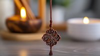 Decorative wooden ornament with intricate floral pattern hanging on string against blurred candlelight background creating cozy atmospheric mood.