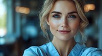 Smiling young Caucasian woman with blonde hair and blue eyes wearing casual blue top against blurred background. Natural soft lighting creates warm atmospheric portrait.