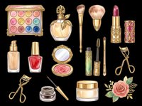 Watercolor makeup collection with gold accents, isolated on transparent background. Includes palette, brushes, lipstick, mascara, perfume, and more. Great for stickers, clipart, and t-shirt design.