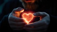 Glowing heart shape formed by magical light particles floating between gentle hands against dark background, creating romantic atmospheric scene.