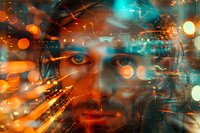 Artistic portrait with futuristic digital overlay effect combining orange and turquoise colors, featuring intense gaze through technological elements and bokeh lighting effects.