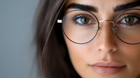 Close up portrait of young woman wearing round metal frame glasses looking at camera with bright blue eyes and natural makeup against light background.