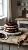 Homemade chocolate layer cake topped with fresh cherries on rustic wooden board in cozy farmhouse kitchen setting for bakery menu or recipe blog content.
