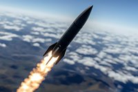 Rocket launch into space with bright burning engines against dramatic cloudscape and blue sky background, powerful thrust and flames during liftoff phase.