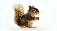 Adorable grey squirrel sitting in glowing golden light with sparkles and bokeh effect, fluffy tail raised, side view against white background, magical nature moment.