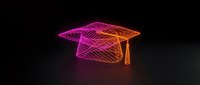 Glowing neon wireframe graduation cap on dark background, pink and orange gradient light lines, academic achievement concept.