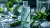 Fresh cucumber slices in sparkling mineral water with ice cubes and green leaves on dark background, refreshing summer drink concept for healthy lifestyle.