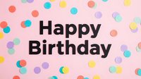 Happy Birthday text on pink background with colorful confetti dots, festive celebration concept for greeting cards and party invitations.