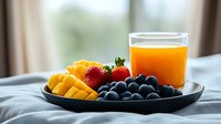 Fresh tropical mango cubes, ripe strawberries and blueberries on black plate with glass of orange juice, healthy breakfast setting on bed linens.