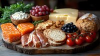 Rustic charcuterie board with smoked salmon, prosciutto, cheese, fresh bread, nuts, berries and cherry tomatoes arranged on wooden serving platter. Food photography.