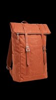 Rust-colored leather backpack with flap closure, dual shoulder straps, and front zip pockets. Isolated on transparent background, ready for t-shirts, clipart, stickers, and print-on-demand designs.