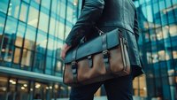 Professional carrying brown leather messenger bag against modern glass office building background at dusk, urban business lifestyle concept.