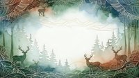 Enchanted forest landscape with deer silhouettes in misty woodland scene framed by ornate botanical border elements for nature themed designs.