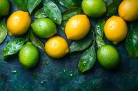 Fresh yellow lemons and green limes with wet leaves scattered on dark green textured background, natural citrus fruit composition for healthy food concept.