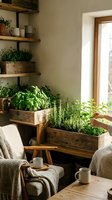Cozy rustic interior with wooden floating shelves, potted herbs and plants, natural window light, comfortable seating with blankets, and ceramic mugs for home decor and lifestyle design.